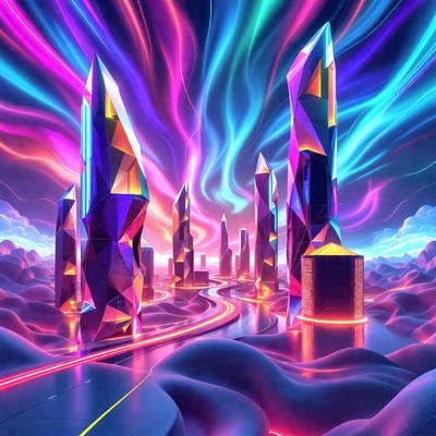 The primary subject of the image is a futuristic cityscape with a series of tall, colorful towers. The setting is a neon-lit, rainbow-colored environment, which gives the scene a vibrant and lively atmosphere. The visual style is a digital art or illustration, showcasing the artist's creativity and imagination. The colors and mood of the image are predominantly bright and energetic, with a sense of wonder and excitement.